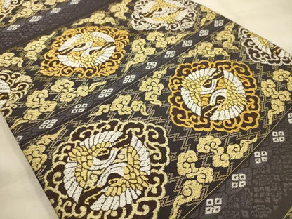 平和屋着物●六通柄袋帯　唐織　双鶴文　金糸　正絹　逸品　AABJ7522sx