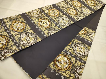 平和屋着物●六通柄袋帯　唐織　双鶴文　金糸　正絹　逸品　AABJ7522sx