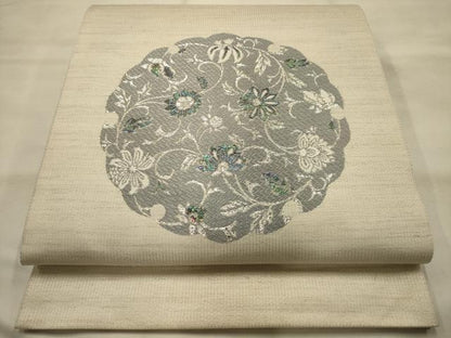 平和屋着物●太鼓柄袋帯　更紗花文　銀糸　正絹　逸品　AABJ7523sx
