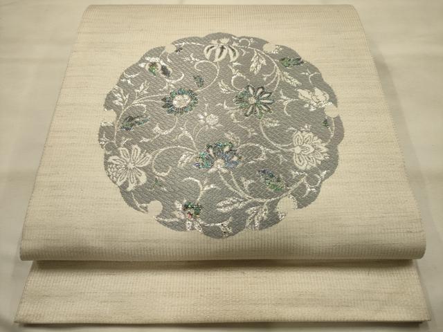 平和屋着物●太鼓柄袋帯　更紗花文　銀糸　正絹　逸品　AABJ7523sx