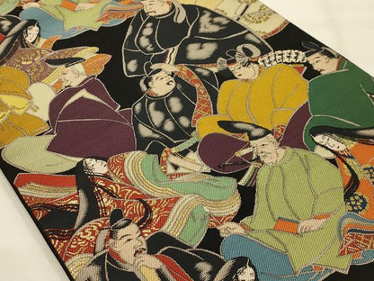 平和屋着物●六通柄袋帯　三十六歌仙図　黒地　金糸　正絹　逸品　AABJ7526sx