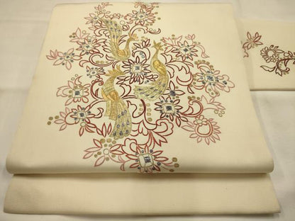 平和屋着物●塩瀬 九寸名古屋帯 総刺繍 花鳥文 金銀糸 正絹 逸品 AABJ7536sx