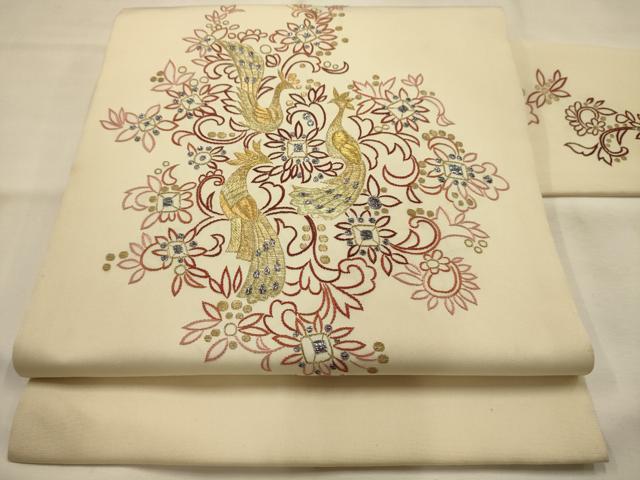 平和屋着物●塩瀬 九寸名古屋帯 総刺繍 花鳥文 金銀糸 正絹 逸品 AABJ7536sx