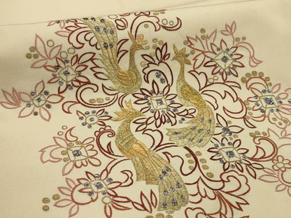 平和屋着物●塩瀬 九寸名古屋帯 総刺繍 花鳥文 金銀糸 正絹 逸品 AABJ7536sx