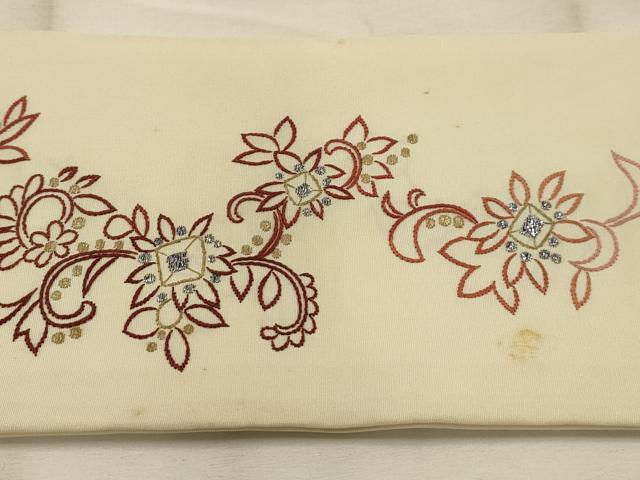 平和屋着物●塩瀬 九寸名古屋帯 総刺繍 花鳥文 金銀糸 正絹 逸品 AABJ7536sx