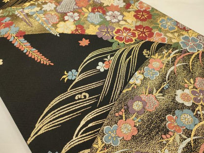 平和屋着物●六通柄袋帯　唐織　慶長桜花文　黒地　金糸　正絹　逸品　AABJ7537sx