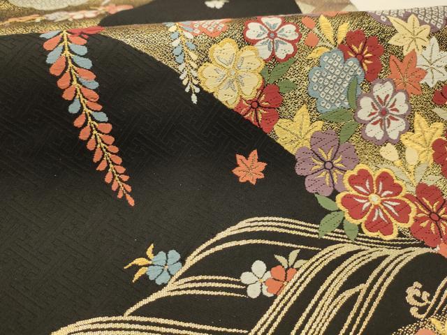 平和屋着物●六通柄袋帯　唐織　慶長桜花文　黒地　金糸　正絹　逸品　AABJ7537sx