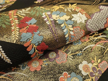 平和屋着物●六通柄袋帯　唐織　慶長桜花文　黒地　金糸　正絹　逸品　AABJ7537sx