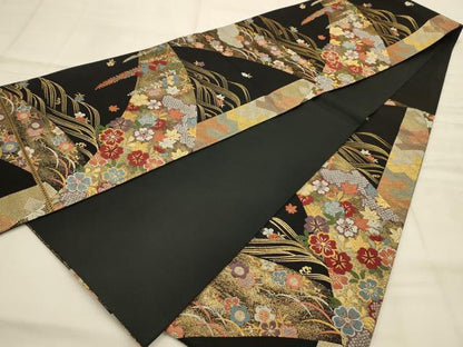 平和屋着物●六通柄袋帯　唐織　慶長桜花文　黒地　金糸　正絹　逸品　AABJ7537sx
