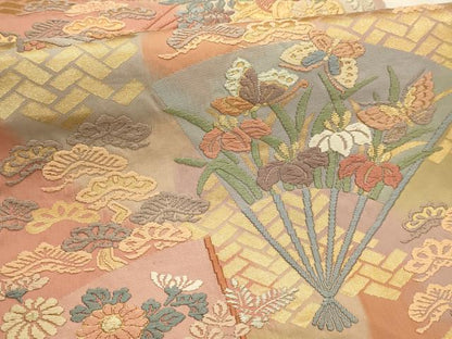 平和屋着物●六通柄袋帯　唐織　扇面花蝶文　金糸　正絹　逸品　AABJ7548sx