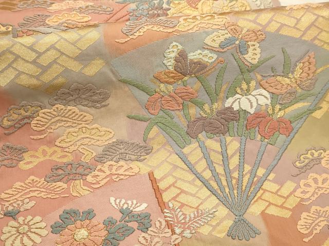 平和屋着物●六通柄袋帯　唐織　扇面花蝶文　金糸　正絹　逸品　AABJ7548sx