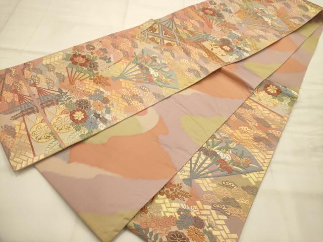 平和屋着物●六通柄袋帯　唐織　扇面花蝶文　金糸　正絹　逸品　AABJ7548sx