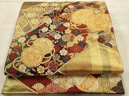 平和屋着物●六通柄袋帯　唐織　吉祥花楽器文　金糸　正絹　逸品　AABJ7549sx