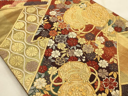 平和屋着物●六通柄袋帯　唐織　吉祥花楽器文　金糸　正絹　逸品　AABJ7549sx