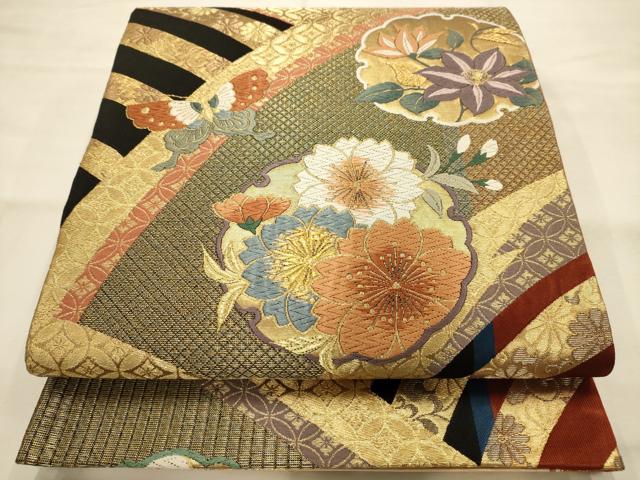 平和屋着物●六通柄袋帯　唐織　雪輪花蝶文　金糸　正絹　逸品　AABJ7550sx