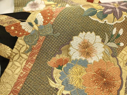 平和屋着物●六通柄袋帯　唐織　雪輪花蝶文　金糸　正絹　逸品　AABJ7550sx