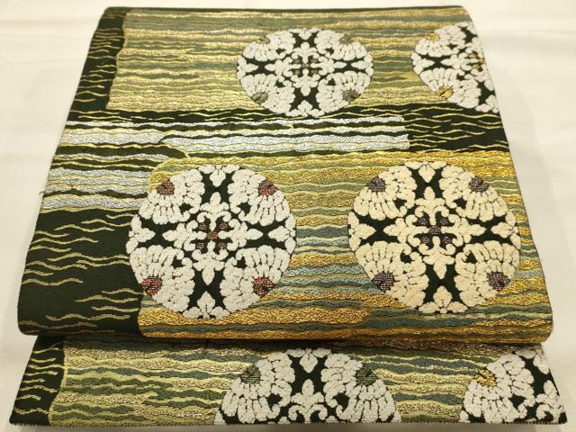 平和屋着物●六通柄袋帯　横波花丸文　寿宝　モール　金銀糸　正絹　逸品　AABJ7553sx