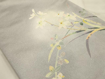 平和屋着物●太鼓柄袋帯　草花文　銀通し地　正絹　逸品　AABJ7559sx