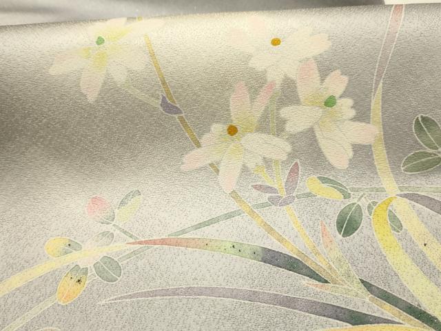 平和屋着物●太鼓柄袋帯　草花文　銀通し地　正絹　逸品　AABJ7559sx