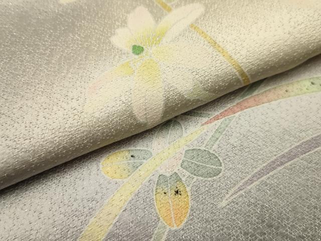平和屋着物●太鼓柄袋帯　草花文　銀通し地　正絹　逸品　AABJ7559sx