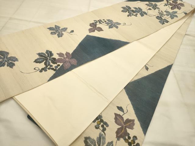 平和屋着物●六通柄袋帯　紬地　葡萄蔦の葉文　金彩　正絹　逸品　AABJ7592sx