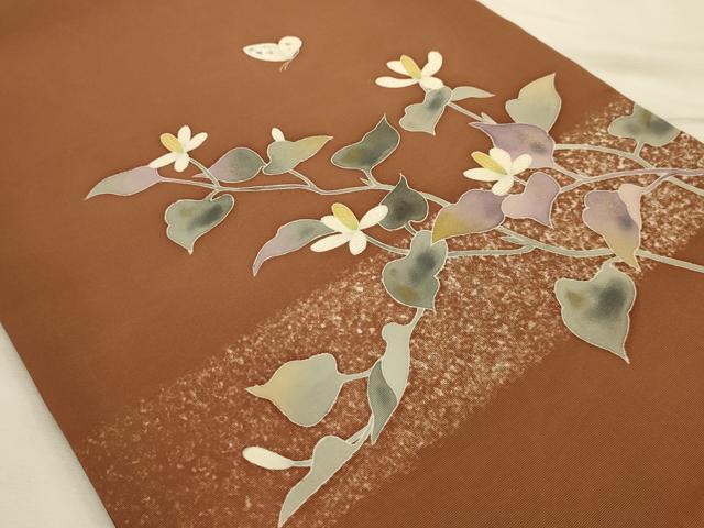 平和屋着物●塩瀬　九寸開き名古屋帯　作家物　刺繍　花蝶文　金糸　金彩　正絹　逸品　AABJ7597sx