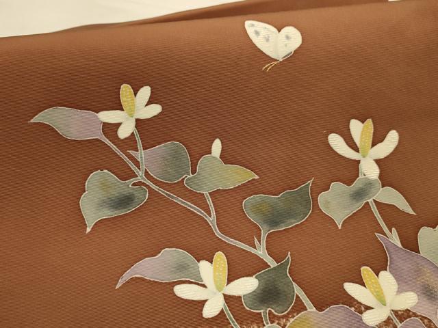 平和屋着物●塩瀬　九寸開き名古屋帯　作家物　刺繍　花蝶文　金糸　金彩　正絹　逸品　AABJ7597sx