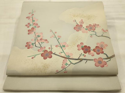 平和屋着物●塩瀬　九寸開き名古屋帯　作家物　刺繍　枝梅　金糸　金彩　正絹　逸品　AABJ7598sx
