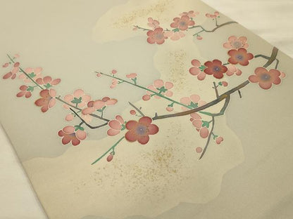 平和屋着物●塩瀬　九寸開き名古屋帯　作家物　刺繍　枝梅　金糸　金彩　正絹　逸品　AABJ7598sx