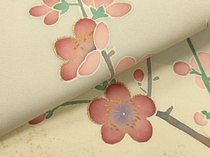 平和屋着物●塩瀬　九寸開き名古屋帯　作家物　刺繍　枝梅　金糸　金彩　正絹　逸品　AABJ7598sx
