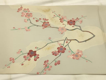 平和屋着物●塩瀬　九寸開き名古屋帯　作家物　刺繍　枝梅　金糸　金彩　正絹　逸品　AABJ7598sx