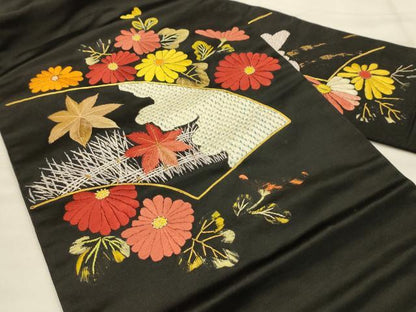 平和屋着物●アンティーク 大正ロマン 九寸名古屋帯 中国三大刺繍 相良刺繍 総刺繍 地紙花文 黒地 金糸 正絹 逸品 AABJ7599sx