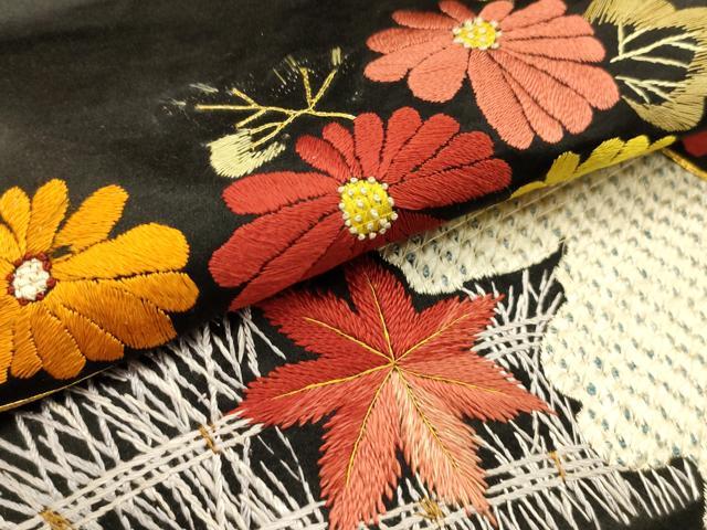 平和屋着物●アンティーク 大正ロマン 九寸名古屋帯 中国三大刺繍 相良刺繍 総刺繍 地紙花文 黒地 金糸 正絹 逸品 AABJ7599sx