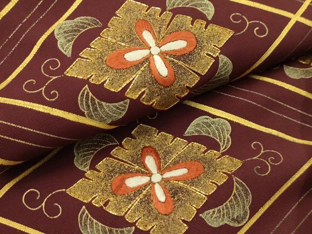 平和屋着物●塩瀬 九寸名古屋帯 駒刺繍 花菱文 金彩 正絹 逸品 AABJ7601sx