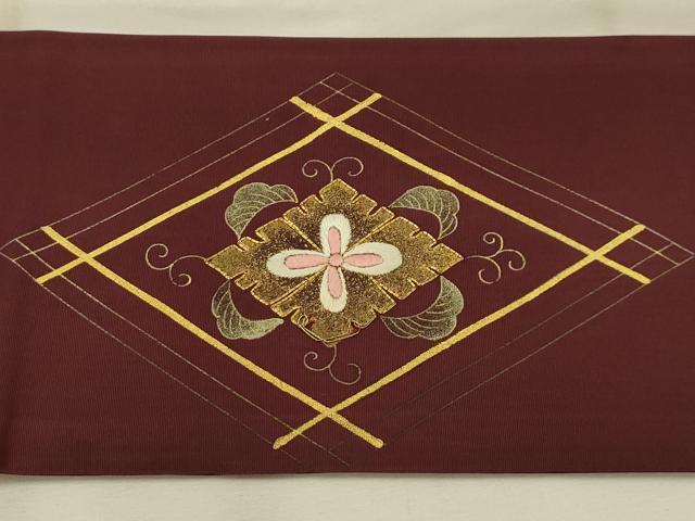 平和屋着物●塩瀬 九寸名古屋帯 駒刺繍 花菱文 金彩 正絹 逸品 AABJ7601sx