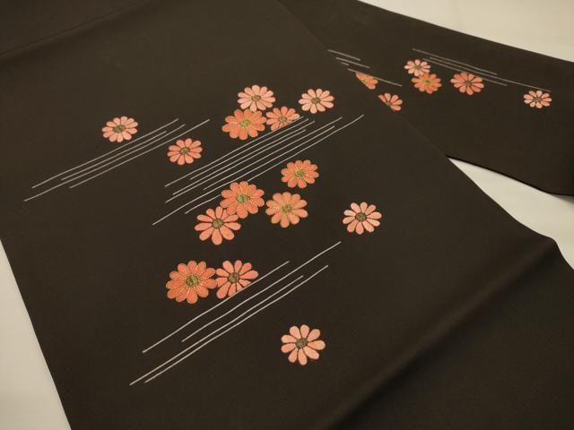 平和屋着物●銀座きしや 塩瀬 九寸名古屋帯 駒刺繍 横段花文 黒地 たとう紙付き 正絹 逸品 AABJ7602sx