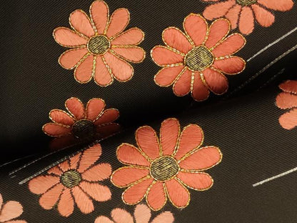 平和屋着物●銀座きしや 塩瀬 九寸名古屋帯 駒刺繍 横段花文 黒地 たとう紙付き 正絹 逸品 AABJ7602sx