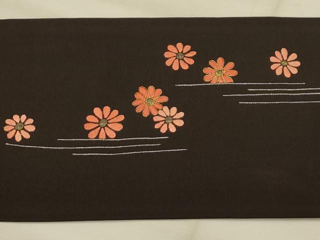 平和屋着物●銀座きしや 塩瀬 九寸名古屋帯 駒刺繍 横段花文 黒地 たとう紙付き 正絹 逸品 AABJ7602sx