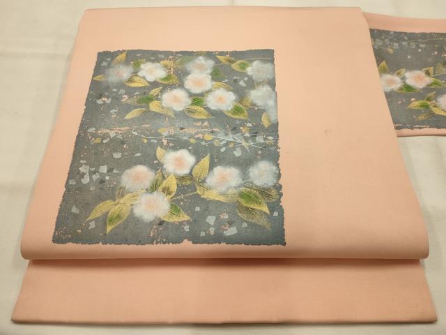 平和屋着物●塩瀬　九寸名古屋帯　作家物　破れ色紙花文　金彩　正絹　逸品　AABJ7604sx