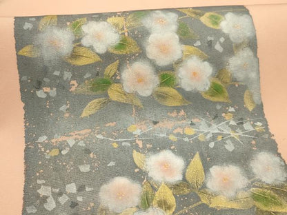 平和屋着物●塩瀬　九寸名古屋帯　作家物　破れ色紙花文　金彩　正絹　逸品　AABJ7604sx