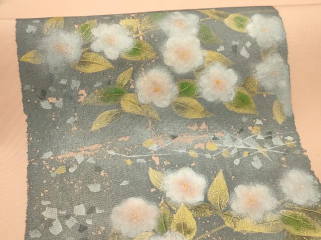 平和屋着物●塩瀬　九寸名古屋帯　作家物　破れ色紙花文　金彩　正絹　逸品　AABJ7604sx