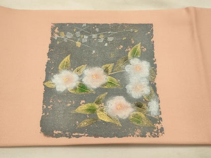 平和屋着物●塩瀬　九寸名古屋帯　作家物　破れ色紙花文　金彩　正絹　逸品　AABJ7604sx