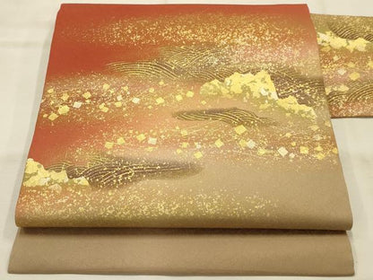 平和屋着物●塩瀬 九寸名古屋帯 立波箔散らし文様 金彩 正絹 逸品 AABJ7605sx