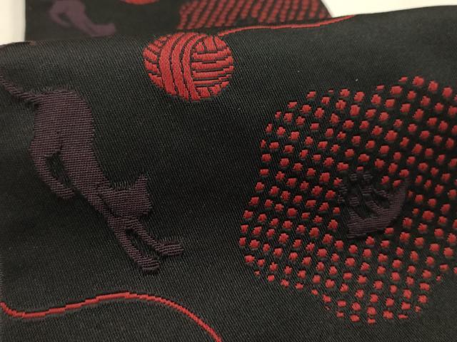平和屋着物●両面　半幅帯　猫　ねこ　黒地　AABJ7613sx