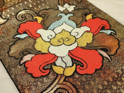 平和屋着物●六通柄　本袋帯　名物中牡丹　黒地　金糸　正絹　逸品　AABJ7625sx