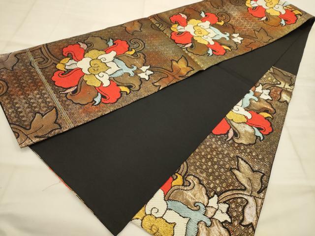 平和屋着物●六通柄　本袋帯　名物中牡丹　黒地　金糸　正絹　逸品　AABJ7625sx