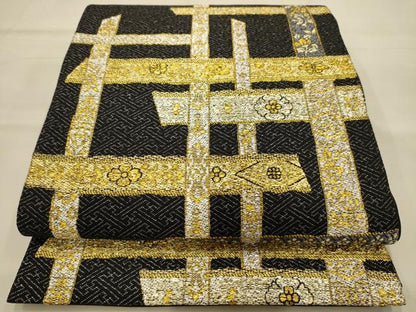 平和屋着物●六通柄袋帯　花格子　黒地　金銀糸　正絹　逸品　AABJ7631sx