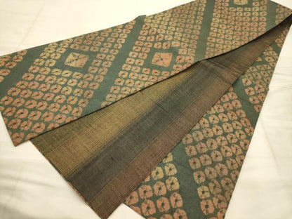 平和屋着物●両面　全通柄袋帯　紬地　絞り　菱文　正絹　逸品　AABJ7637sx