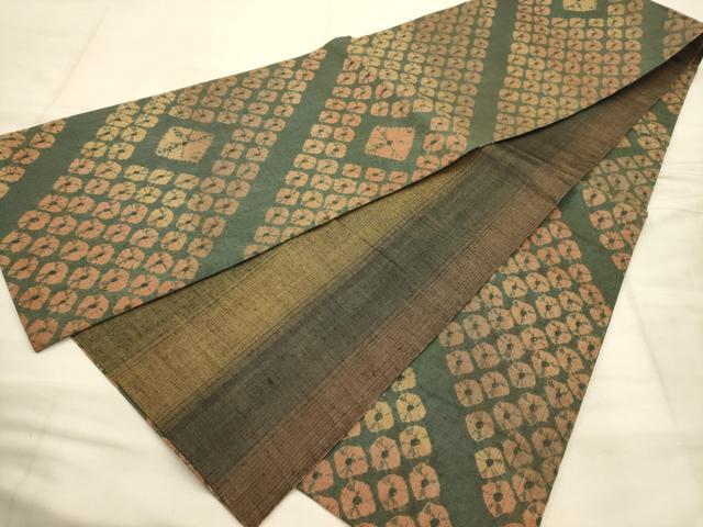 平和屋着物●両面　全通柄袋帯　紬地　絞り　菱文　正絹　逸品　AABJ7637sx