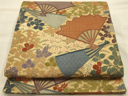 平和屋着物●六通柄袋帯　唐織　扇面花文　正絹　逸品　AABJ7640sx